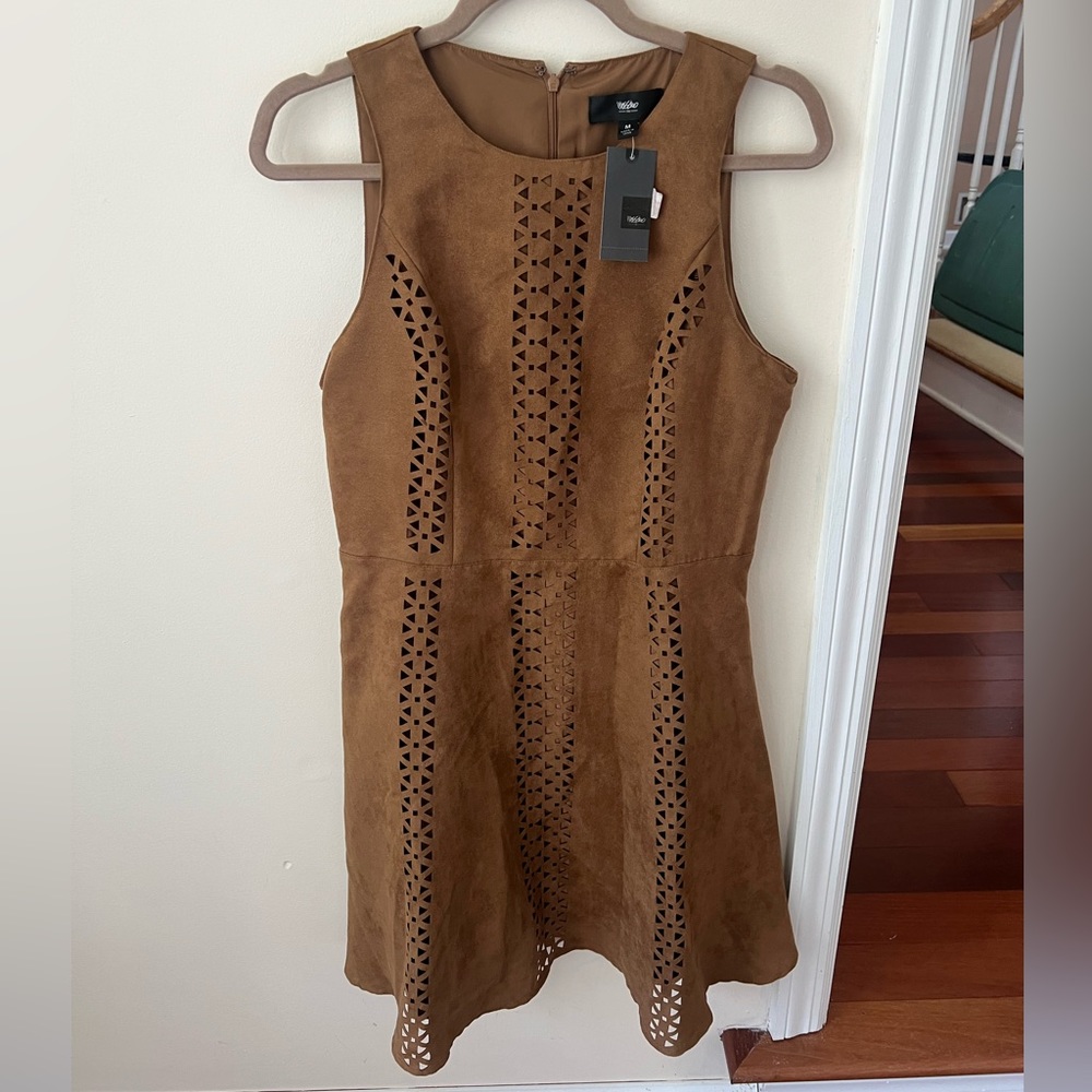 Women’s Mossimo Brown Suede Skater Dress with Cut Out Stripe Detail | Target